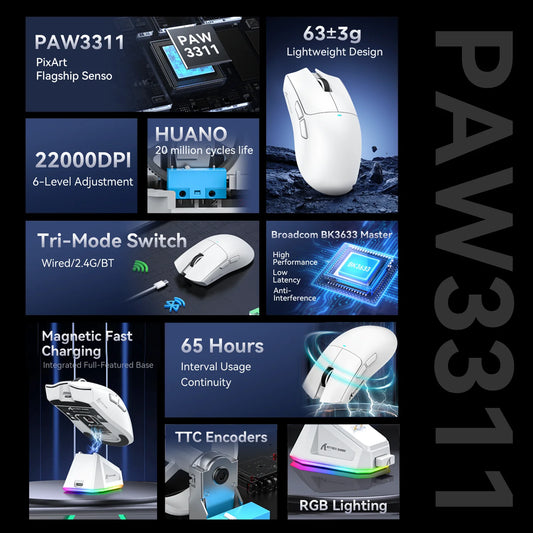 Attack Shark X11 – Mouse Gamer Tri-Mode com Dock Magnético e Sensor 22K DPI