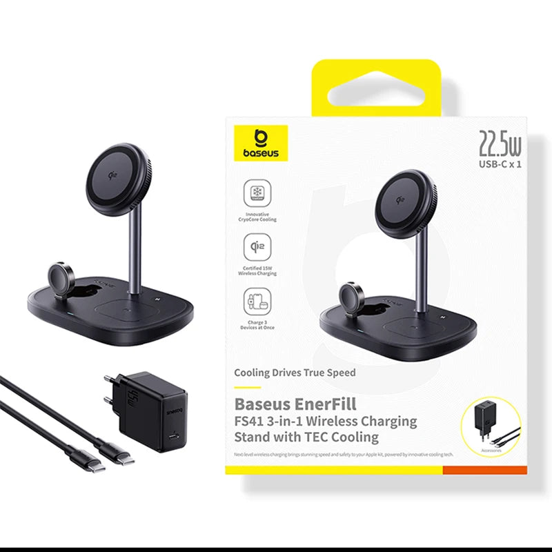 Baseus 22.5W 3-in-1 Wireless Charger Stand Qi2 15W Magnetic Fast Charging TEC Cooling For iPhone 16 15 14 AirPods Apple Watch