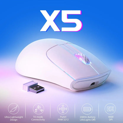 Attack Shark X5 Tri-mode Gaming Mouse, 49g Ultralight, 2.4Ghz/Wired/BT, PixArt Optical Sensor, 4000DPI, 200 Hours Battery, RGB