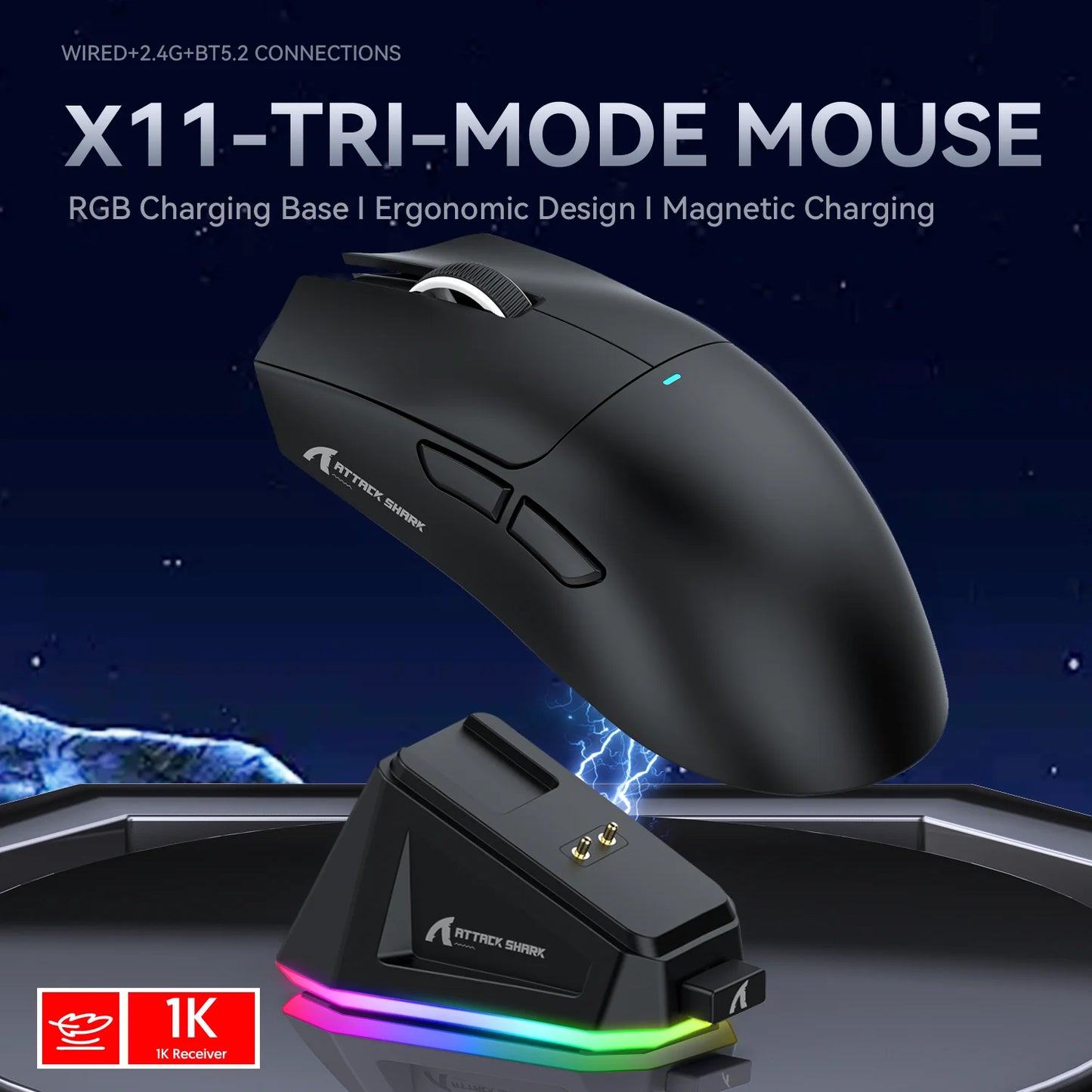 Attack Shark X11 – Mouse Gamer Tri-Mode com Dock Magnético e Sensor 22K DPI