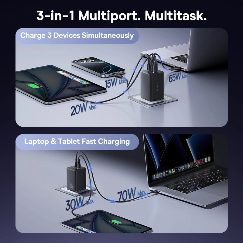 Baseus 100W Fast Charger GaN Charger For iPhone Xiaomi Samsung Laptop Tablet USB C Charger QC PD Charger USB Phone Charger