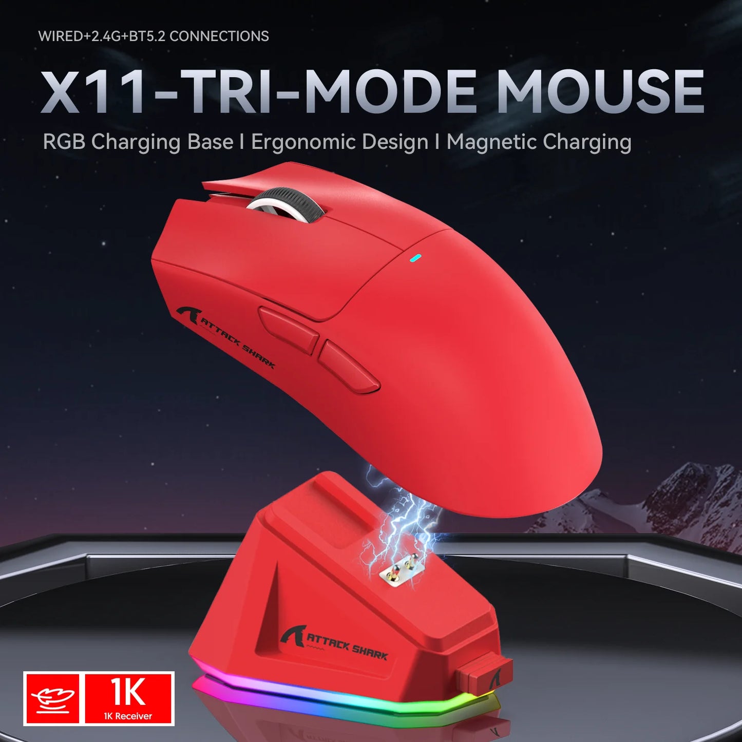 Attack Shark X11 – Mouse Gamer Tri-Mode com Dock Magnético e Sensor 22K DPI
