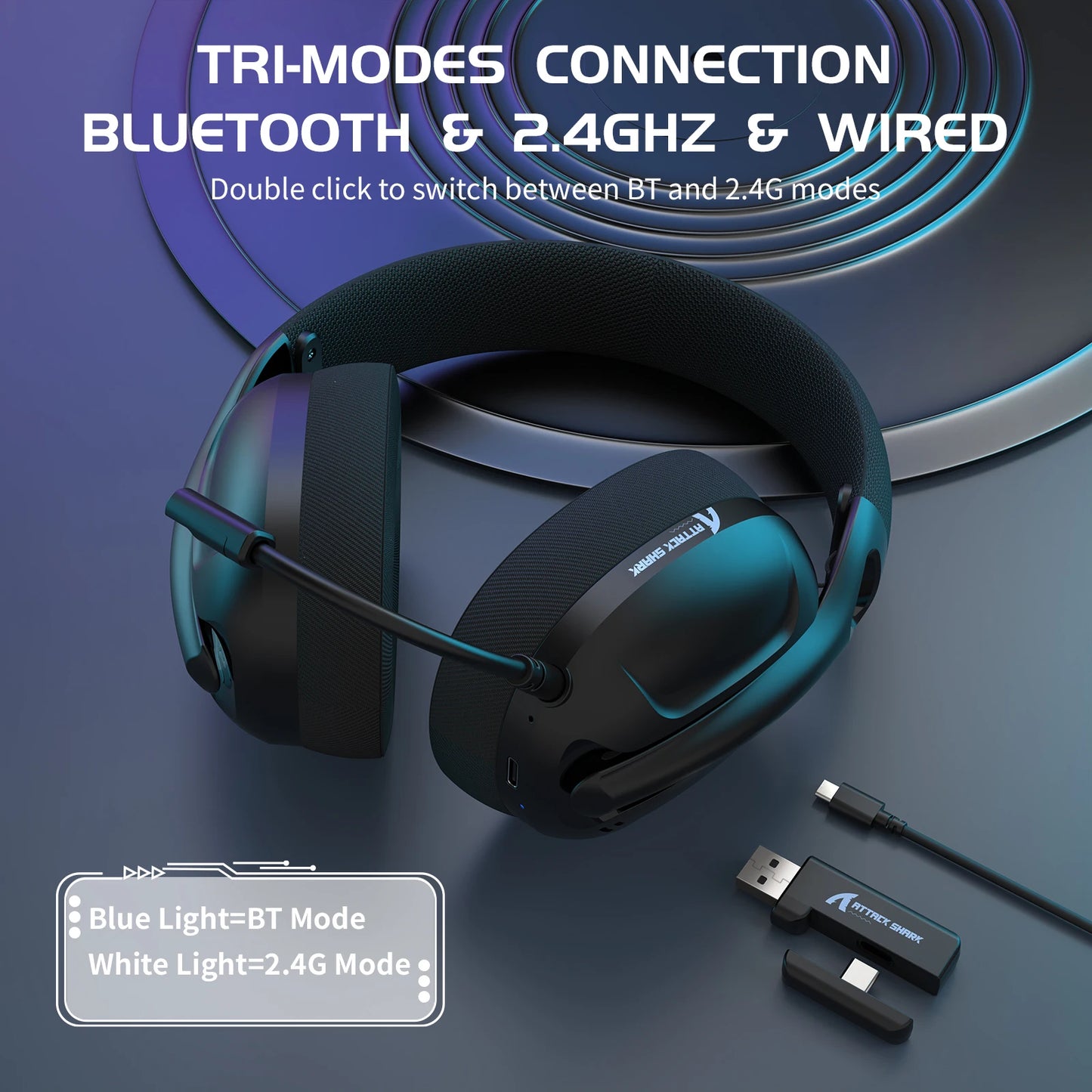 Attack Shark L80 – Headset Gamer Tri-Modo con Sonido Envolvente 5.1 y Micrófono Desmontable