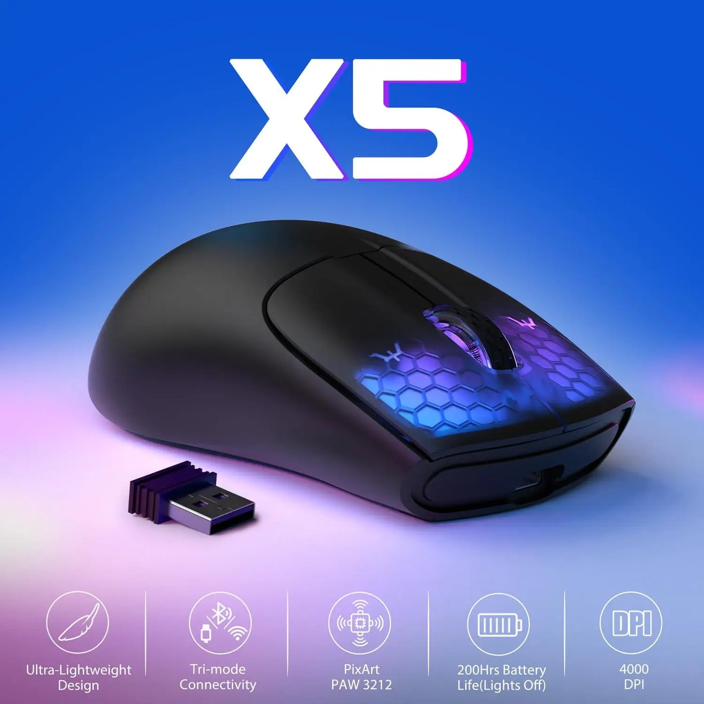 Attack Shark X5 Tri-mode Gaming Mouse, 49g Ultralight, 2.4Ghz/Wired/BT, PixArt Optical Sensor, 4000DPI, 200 Hours Battery, RGB