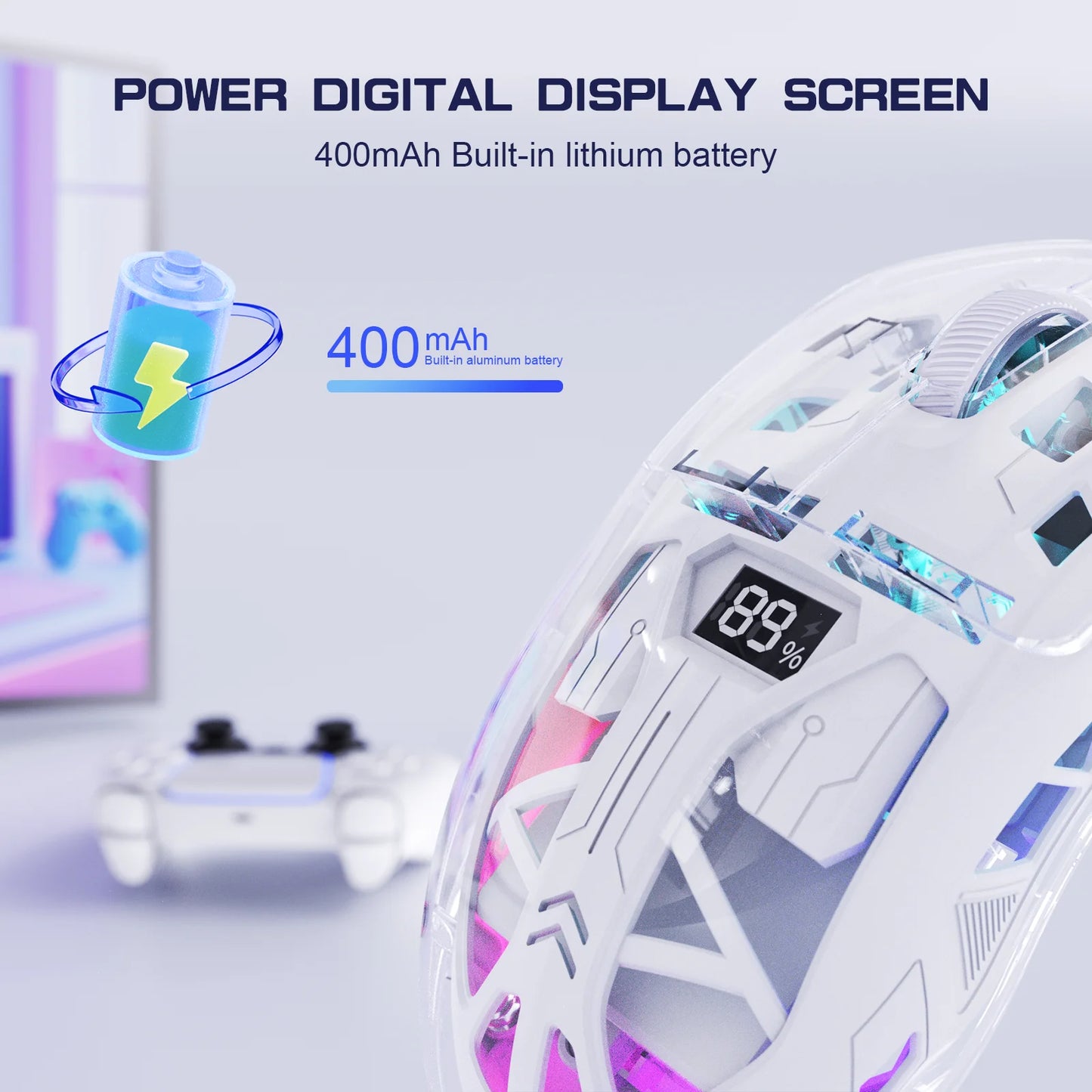 FreeWolf A2 Transparent RGB Wireless Gaming Mouse with Battery Display, 2.4Ghz/Bluetooth, PixArt PAW3212 Sensor
