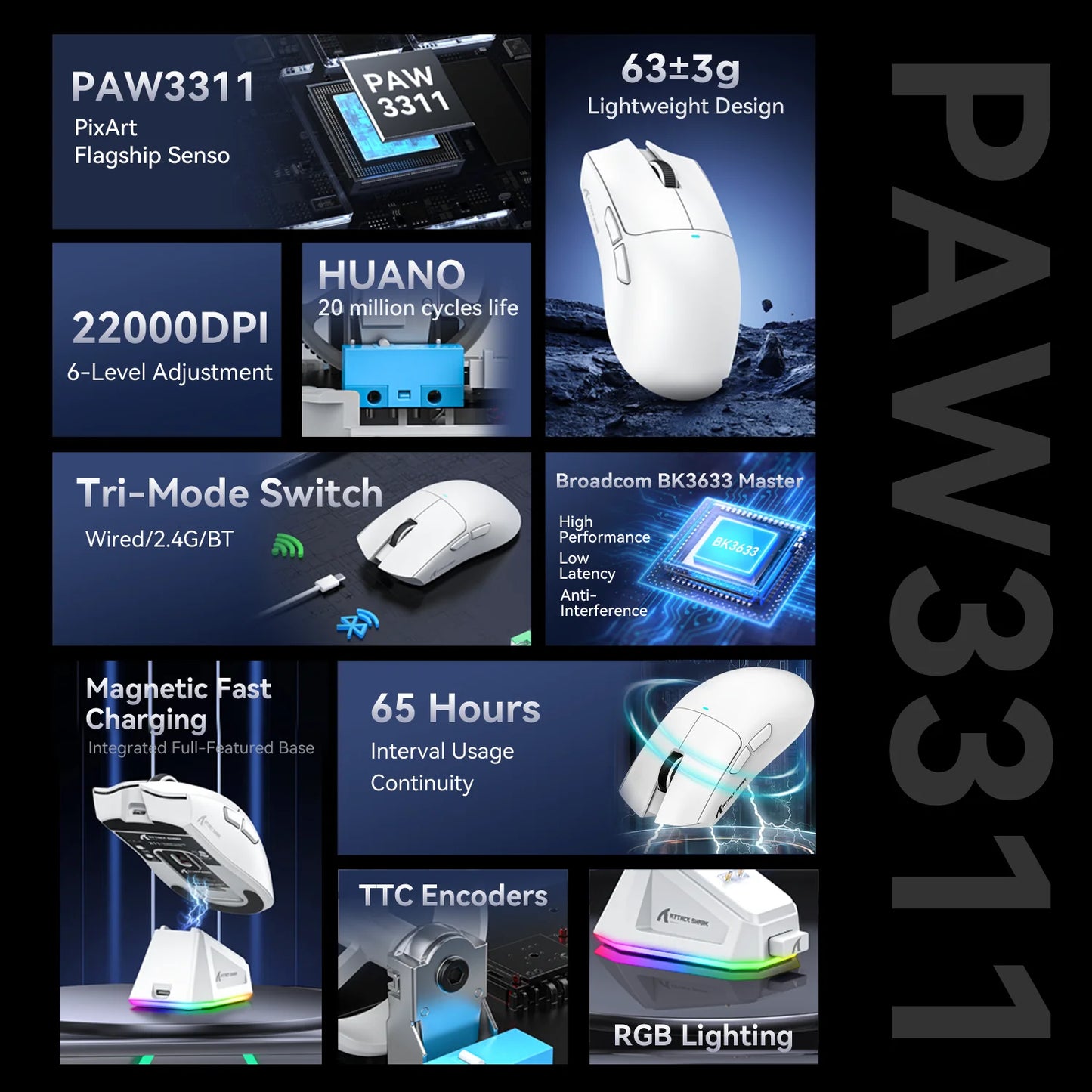 Attack Shark X11 – Mouse Gamer Tri-Mode com Dock Magnético e Sensor 22K DPI