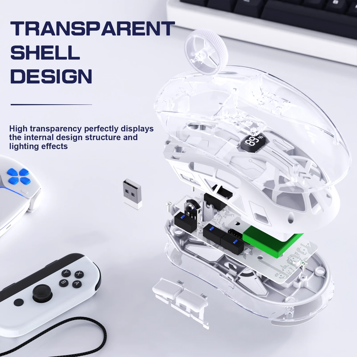 FreeWolf A2 Transparent RGB Wireless Gaming Mouse with Battery Display, 2.4Ghz/Bluetooth, PixArt PAW3212 Sensor