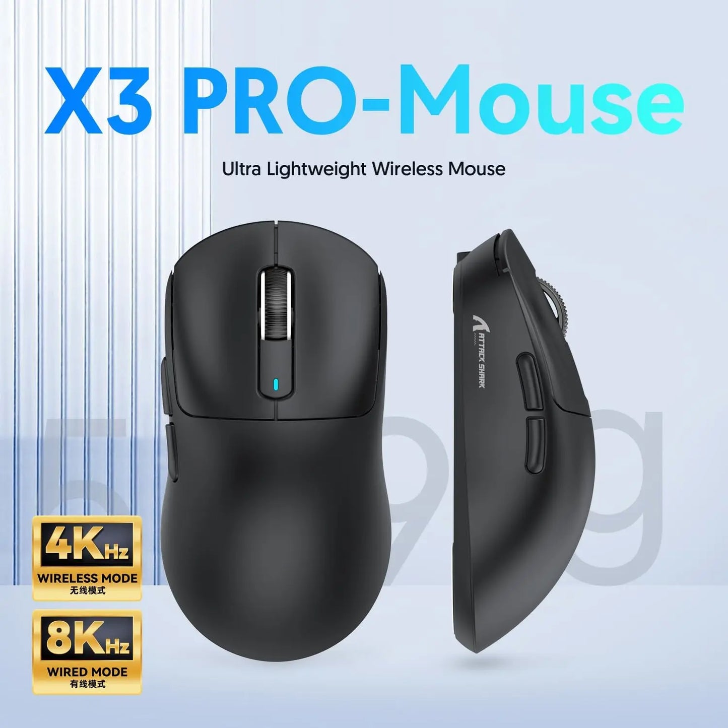 Attack Shark X3/X3PRO 4K/8K Tri-mode Gaming Mouse, PixArt PAW3395 Sensor, 26K DPI, 49g Ultralight,BT/2.4G Wireless/Wired,for PC