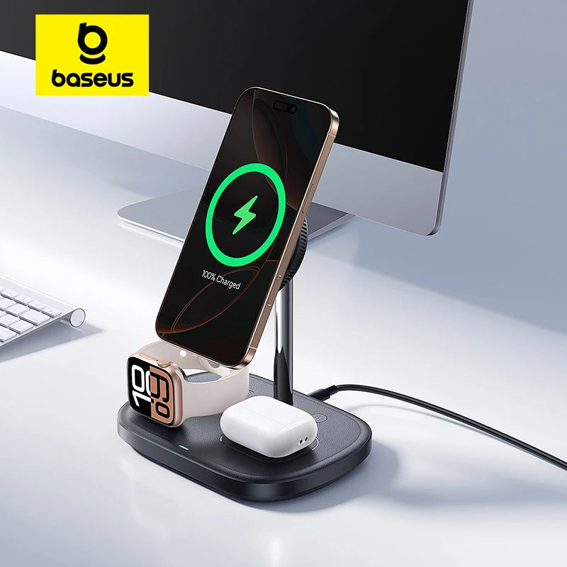 Baseus 22.5W 3-in-1 Wireless Charger Stand Qi2 15W Magnetic Fast Charging TEC Cooling For iPhone 16 15 14 AirPods Apple Watch