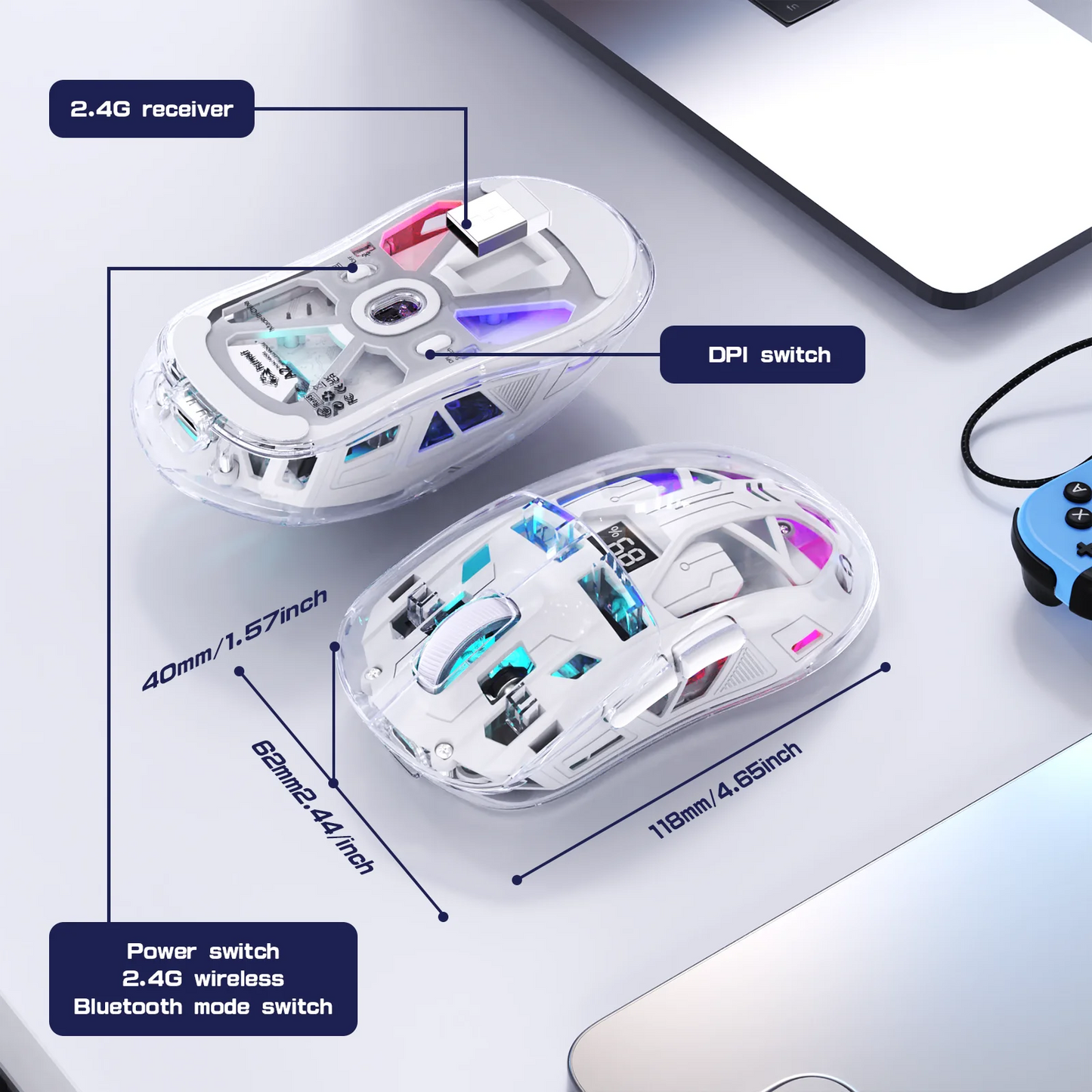 FreeWolf A2 Transparent RGB Wireless Gaming Mouse with Battery Display, 2.4Ghz/Bluetooth, PixArt PAW3212 Sensor