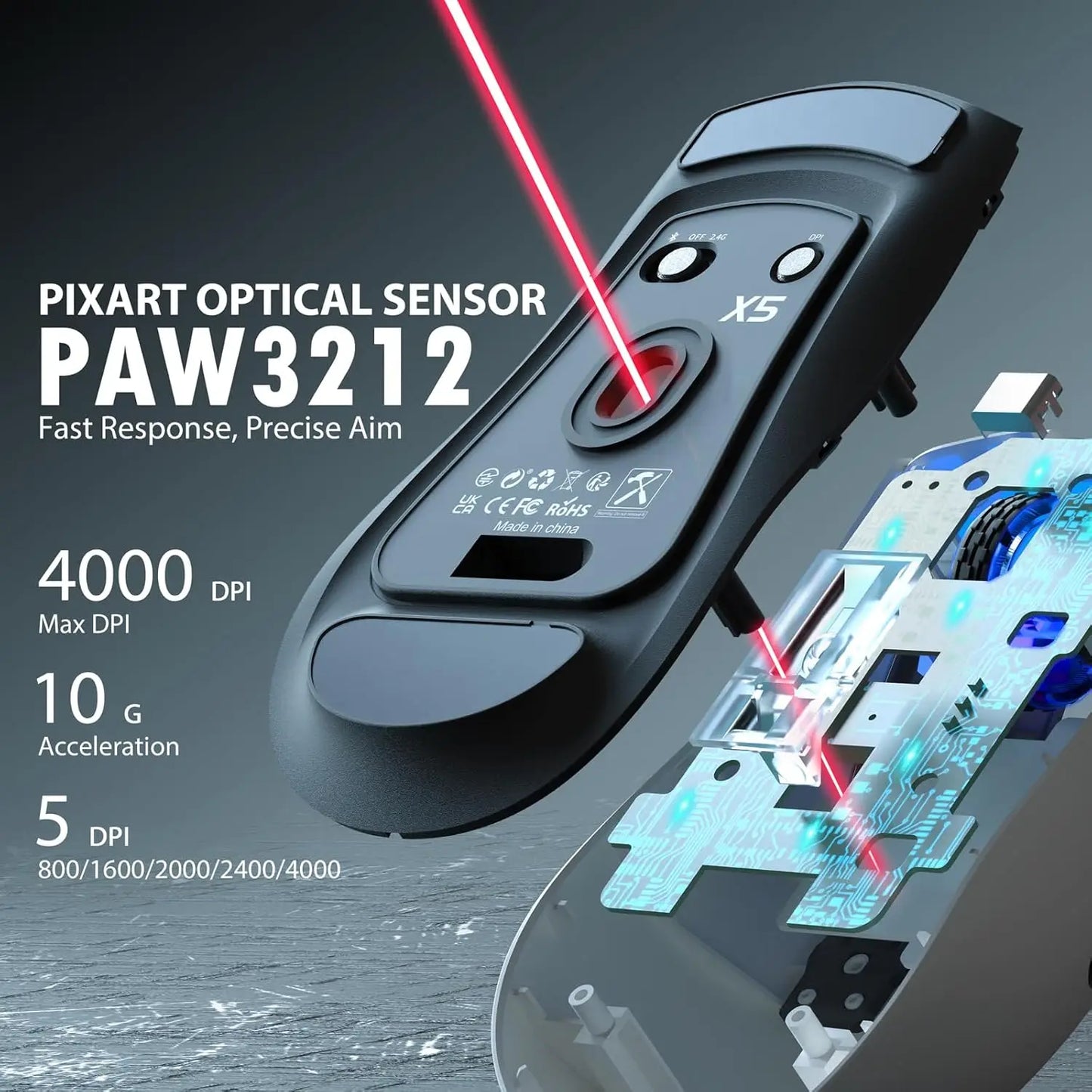 Attack Shark X5 Tri-mode Gaming Mouse, 49g Ultralight, 2.4Ghz/Wired/BT, PixArt Optical Sensor, 4000DPI, 200 Hours Battery, RGB