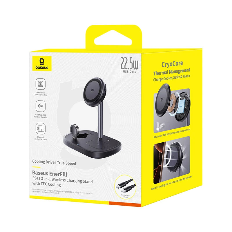 Baseus 22.5W 3-in-1 Wireless Charger Stand Qi2 15W Magnetic Fast Charging TEC Cooling For iPhone 16 15 14 AirPods Apple Watch