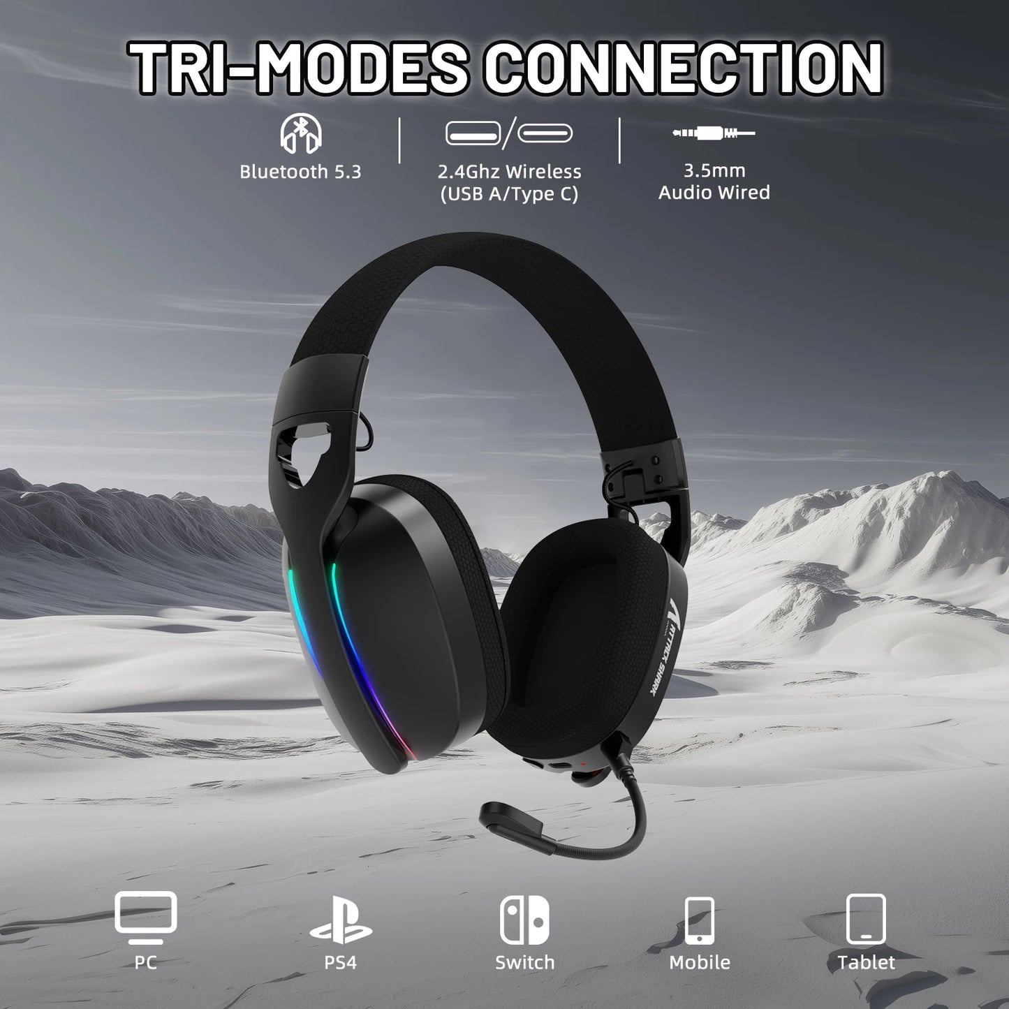 ATTACK SHARK L90 Flodable Tri-Mode Gaming Headset, Ultra-Light, Detachable Noise-canceling Microphone, RGB, 7.1ch Sound, 500mAh