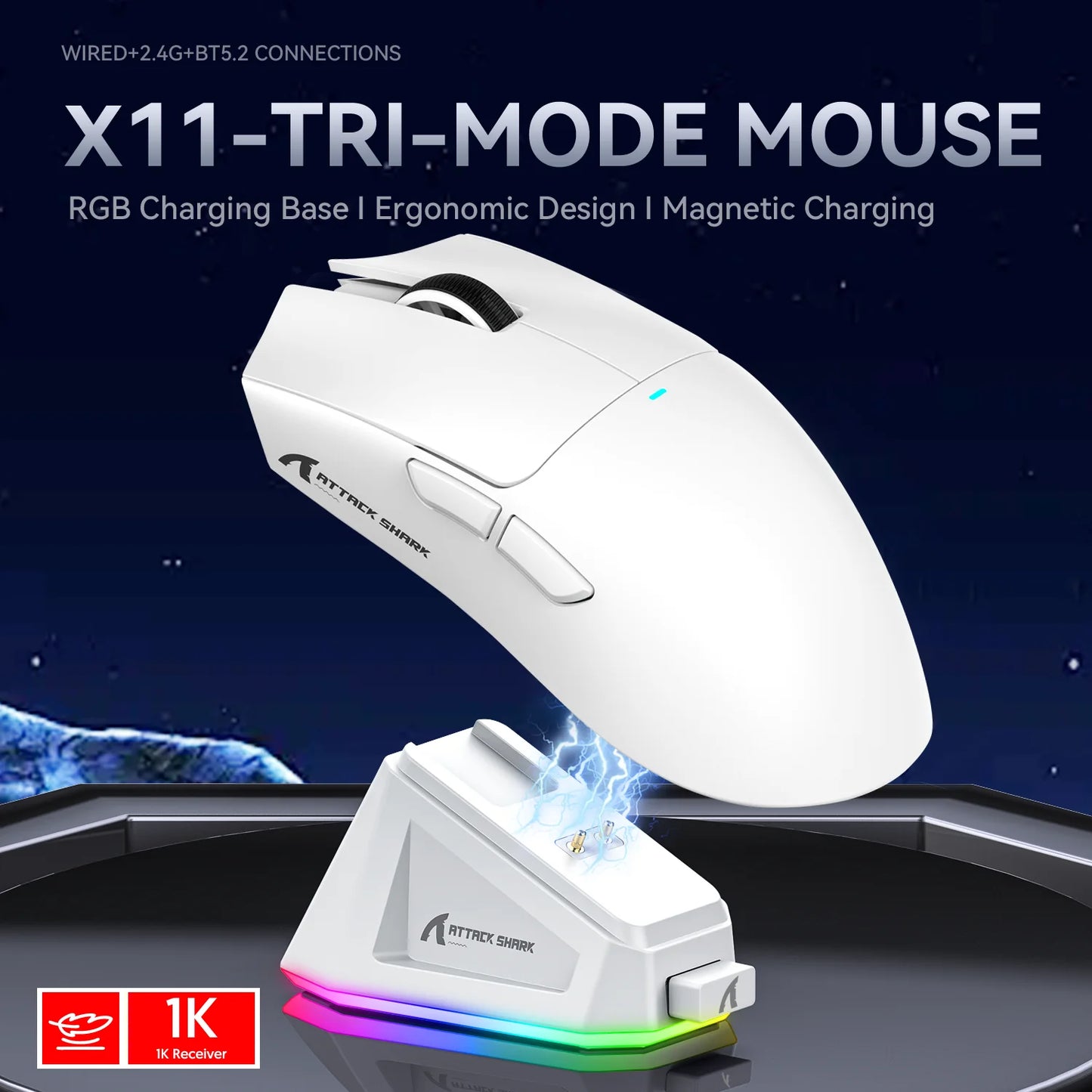 Attack Shark X11 – Mouse Gamer Tri-Mode com Dock Magnético e Sensor 22K DPI