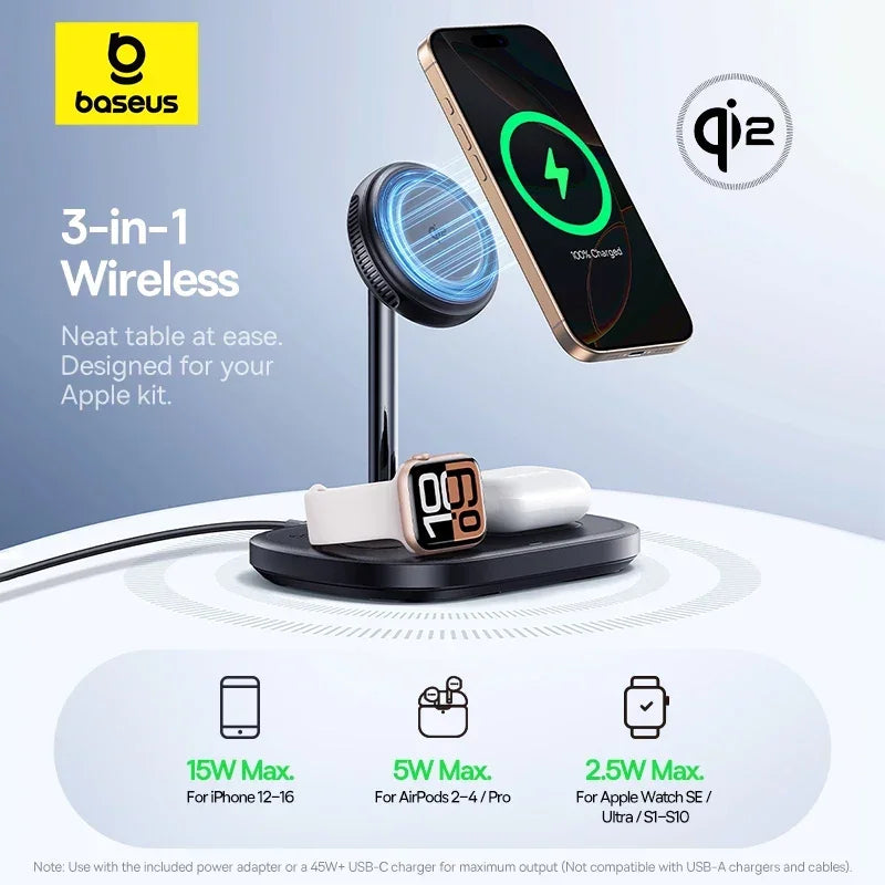 Baseus 22.5W 3-in-1 Wireless Charger Stand Qi2 15W Magnetic Fast Charging TEC Cooling For iPhone 16 15 14 AirPods Apple Watch