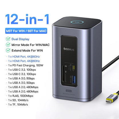 Baseus 12-in-1 USB C HUB to HDMI 4K@60Hz Dual Display USB 3.2 Adapter with RJ45 SD TF PD 100W Docking Station for Window Mac Hub