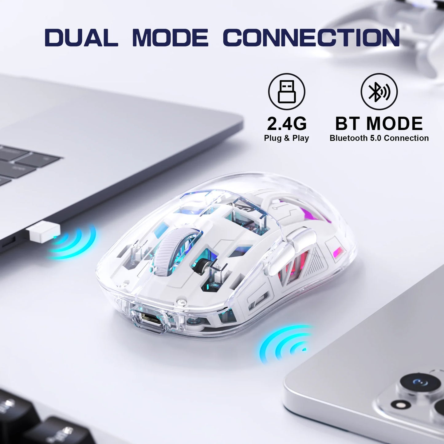 FreeWolf A2 Transparent RGB Wireless Gaming Mouse with Battery Display, 2.4Ghz/Bluetooth, PixArt PAW3212 Sensor