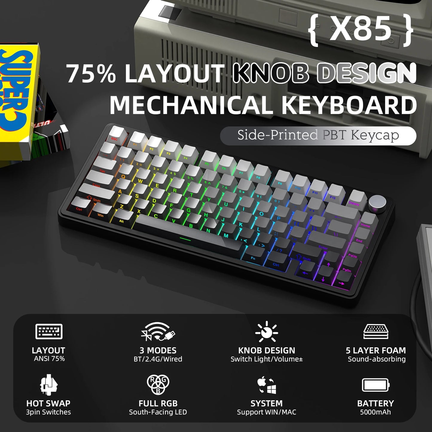 Attack Shark X85 – Teclado Mecánico 75% Tri-Modo con Perilla CNC, RGB y Switch Hot-Swap